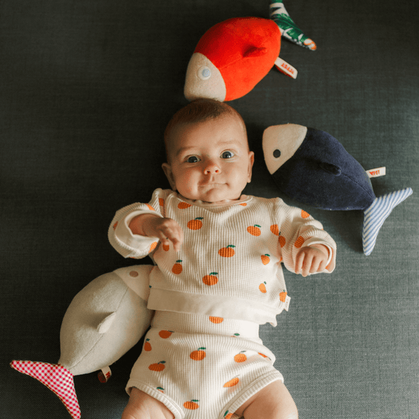 Elliot the fish plushie - Navy blue and striped print